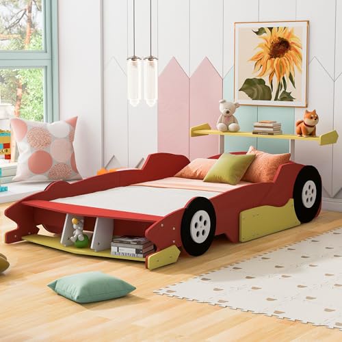 Merax Full Size Race Car Bed Frame for Boys, Wood Car-Shaped Platform Bed with Wheels, Red