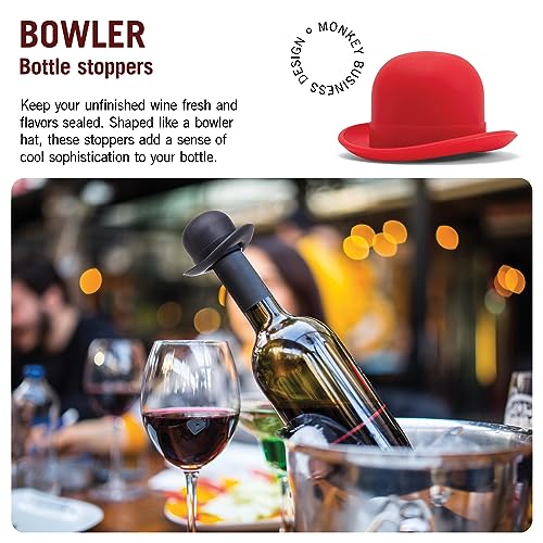 Image of Monkey Business Silicone Wine Stopper | Seals Bottle and Keeps Wine Fresh /Cute Wine Accessories /Kitchen Gadgets /Bowler Hat Bottle Stopper (Set of 2)