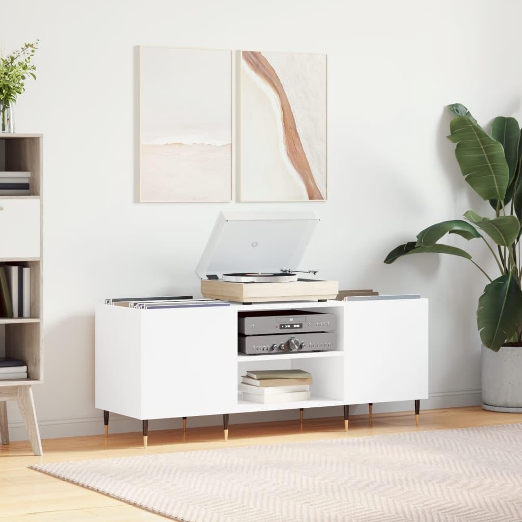 Armadio per dischi bianco, 121 x 38 x 48 cm, in vinile, con gambe in ferro, mobile fonofonico per dischi in vinile e giradischi, per collezione musicale, soggiorno