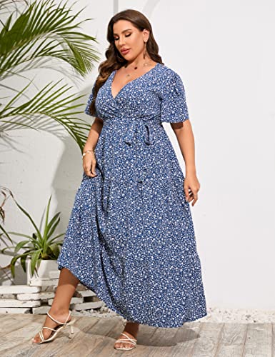 Image of ShopWonder Womens Plus Size V Neck Wrap Maxi Dress High Waist Ruffle Summer Casual Dress with Belt