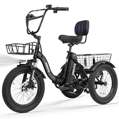 ESKUTE E Trike Electric Bike, Peak 1200W Brushless Motor Folding Trike 18X3.0 Fat Tire Ebike, 499Wh...
