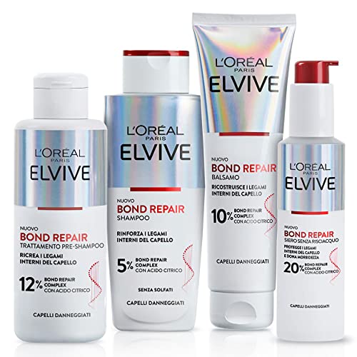 LOréal Paris Elvive Bond Repair Kit mit Pre-Shampoo Shampoo Balsam und Serum ohne Spülen komplette Routine für beschädigtes Haar Nachbau der inneren Bindungen des Haares mit Zitronensäure