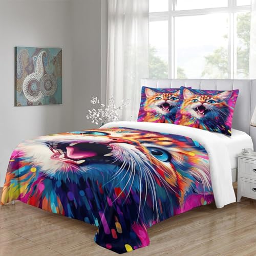 Housse de couette chat 3D anti-plis lit king parure microfibre facile à laver - 5