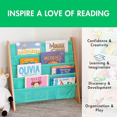Image of Humble Crew Kids Bookshelf, 4-Tier Front-Facing Book Display Organizer, Montessori Toddler Bookcase for Playroom, Bedroom & Reading Corner, Natural Wood /Seafoam Green