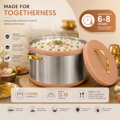 Image of ALLTA Elegant Stainless Steel Casserole 6 Litre | Premium Insulated Hot Pot with Leather-Finish Lid & Gold Handles | Keeps Food Hot 6-8 Hours | Serves 12-15 | Festive & Gifting Casserole (6000ml)