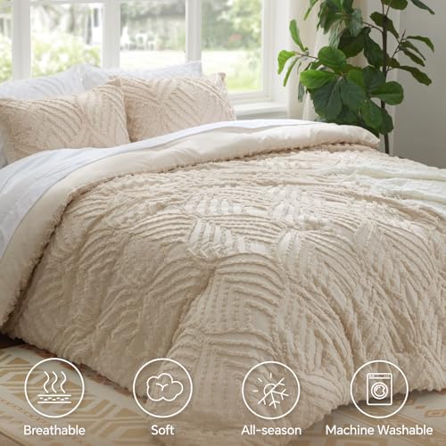 Image of BEDELITE Queen Comforter Set - Tufted Boho Bedding Set, Beige Boho Comforter, Soft Lightweight Comforter Queen, 3 Pieces Farmhouse Jacquard Bed Set for All Seasons