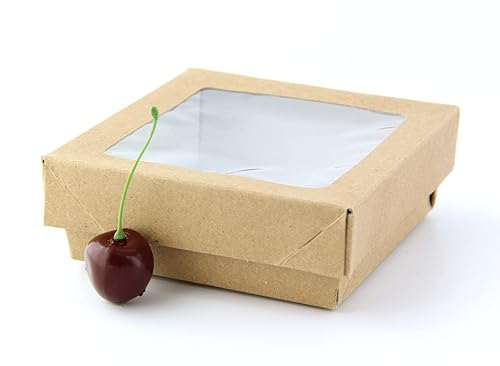 Miniatura 3 de Packnwood caja cuadrada de papel con tapa transparente (varios tamaños y colores), 12 onza, Kraft marrón, 250