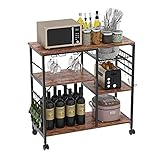 Kitchen Baker’s Rack, Microwave Stand Kitchen Shelve, 4-Tier+3-Tier with 6 Hooks and Lockable Wheels for Spice Rack Organizer Workstation, Rustic Brown