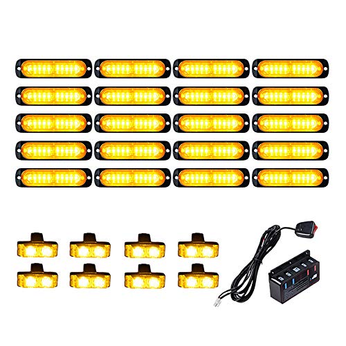 20PCS Ultra Slim 10-LED 30W Emergency Hazard Caution Surface Mount Strobe Light & 8pcs Car Truck Grille Deck Dash Flashing Light - Amber Yellow