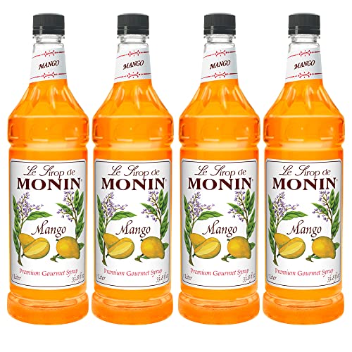 Monin - Mango Syrup, Tropical and Sweet, Great for Cocktails, Sodas, and Lemonades, Gluten-Free, Non-GMO (1 Liter, 4-Pack)