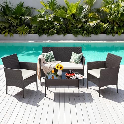 Image of FDW 4-Piece Patio Furniture Set | Brown | Outdoor Wicker Furniture