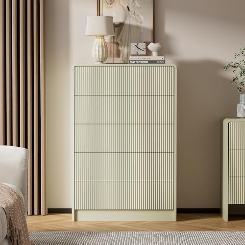 Image of Furniway Beige 5 Drawer Dresser for Bedroom, Curved Tall Dresser with Push-to-Open Design, Chest of Drawers for Bedroom, Living Room, Hallway, 15.7 inchD x 32 inchW x 47.2 inchH