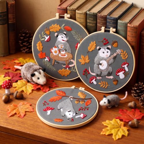 Image of Mindsoft 3 Set Needlepoint Kit for Beginners with Hoop,Autumn Possum | Bamboo Hoop Thread Needles Instructions, Easy Hand Embroidery for Beginners Home Crafts,Pre-stamped Funny Cute Designs