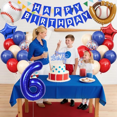 Image of 6th Baseball Birthday Decorations for Boys,Navy Blue Red Nude Balloons