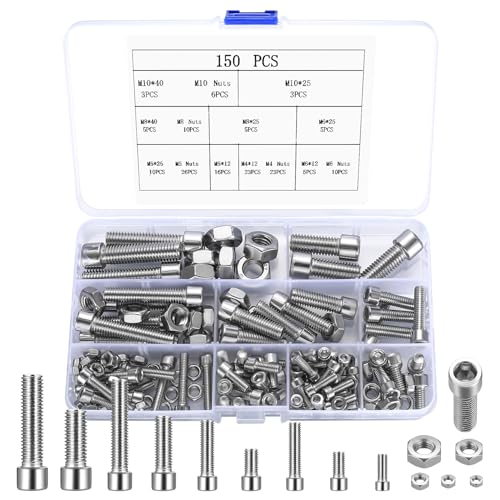Socket Head Cap Screws, 150 Hex Socket Head Cap Screws with Hex Nuts, Machine Screw Assortment Kit, Metric Thread Screw - M4/M5/M6/M8/M10