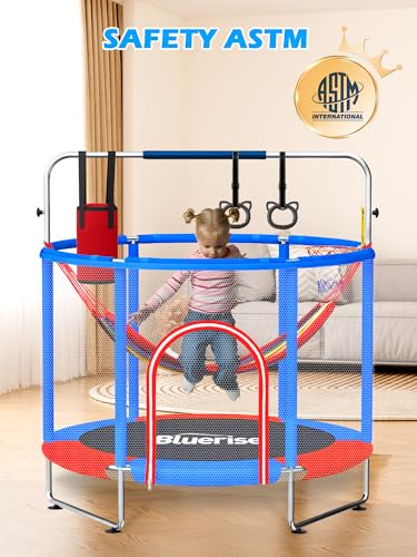 Image of BLUERISE 55IN 6FT Indoor /Outdoor Toddler Trampoline for Kids | Galvanized Steel Pipe,Multiple Activity Accessories,110lb,Safety Enclosure,Basketball Hoop,No-Gap Design,Anti-Rollover Bottom