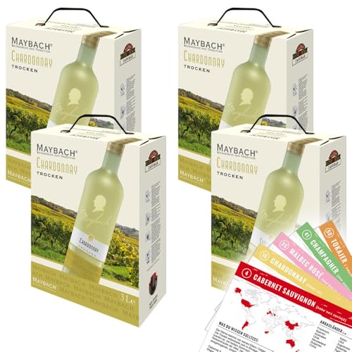 Maybach Chardonnay QbA, trocken, Bag-in-Box, sortenreines Weinpaket + VINOX Winecards (4x3,0l)