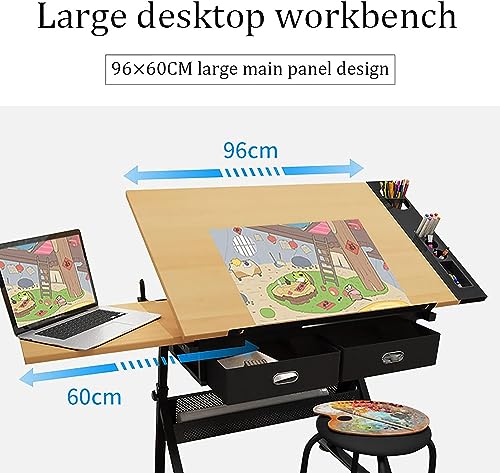 Adjustable Height Drawing Table,Tiltable Tabletop Art Desk Drafting Table with Storage Drawers, Art Craft Desk