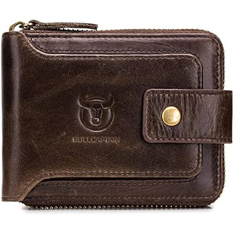 BULLCAPTAIN Leather Mens RFID Blocking Wallet Zipper Bifold Wallets for Men, Brown, S Cover