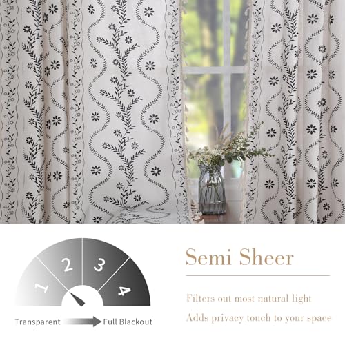 Image of Schweek Boho Tassels Curtains for Living Room 84 Inches Long 2 Panels Ivory | Linen Semi Sheer, Vintage Floral Printed Patterned, Rustic Farmhouse Curtain Drapes for Bedroom, Dining Room, Office 52 inchx 84 inch
