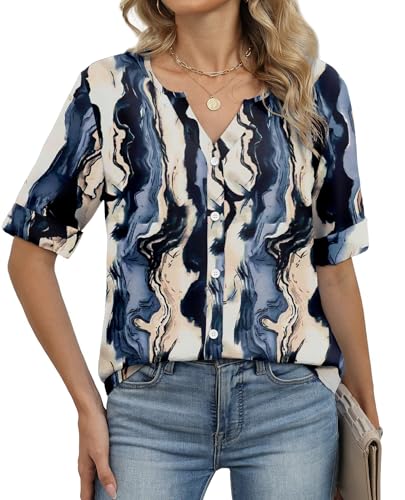 Image of OFEEFAN Button Down Shirts for Women 3 /4 Length Sleeve Tops V Neck Blouses Business Casual Outfits Loose Fit