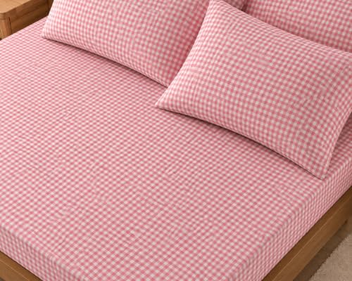 Image of Cotton Feel Glace Cotton Queen Size Elastic Fitted Bedsheet with 2 Pillow Covers (78 x 60 Inches, Pink Checks)