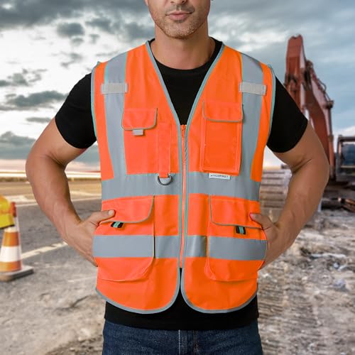 HYCOPROT Sicherheitswesten Warnweste Hohe Sichtbarkeit Sicherheit Reflektierendes Weste Executive Manager Workwear Jacke Zip Band Brace Handytasche Ausweishalter Warnwesten EN ISO 20471 Standards