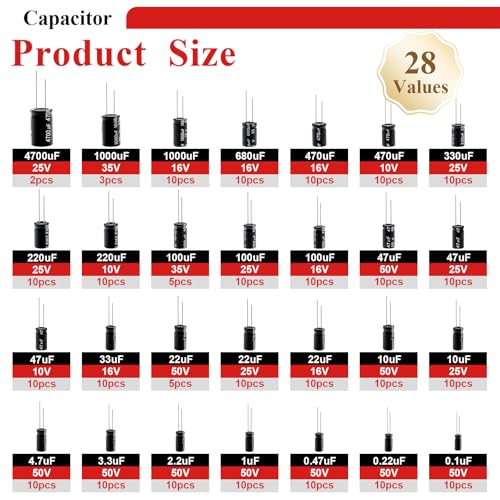 Tnisesm 28 Values Electrolytic Capacitor Assortment Kit from 0.1uF to 4700uF 10V 16V 25V 35V 50V in-line Aluminum Capacitors Set - Image 3