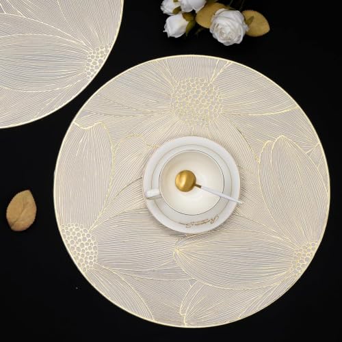 Image of Dakshya Industries Dining Table Mats Round PVC Set | 6 Waterproof Placemats (38 x 38 cm) + 1 Table Runner (91 x 33 cm) | Heat Resistant, Kitchen Decor (Orovia)