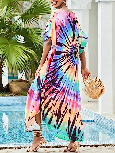 Chunoy Women Loose Lightweight Turkish Summer Boho Caftan Sleeve Rainbow Circle Long Beach Cover Up Kaftan Maxi Dress thumb #6