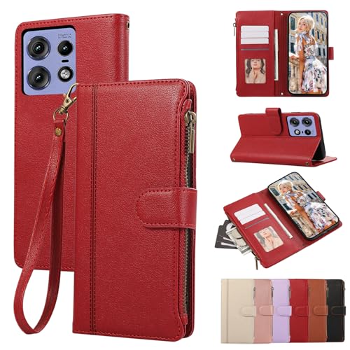 KW-LINK 用の Motorola Edge 50 Pro/Edge 50s Pro ケース 手帳型 小銭入れ ファスナー型 携帯カバー エッジ50s pro ケース コインポケット カード収納 財布型 モトローラ適用 エッジ50プロ 手帳型ケース スタンド機能 マグネット式 Edge50Pro スマホケース 同色ストラップ付き 薄型 耐衝撃 - レッド