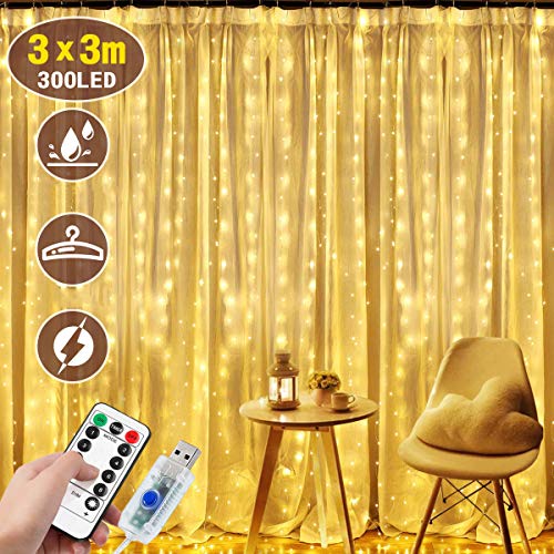 300 luces LED de cortina DIZA100 cadena de luces para ventana, 3 m × 3 m USB, cortina decorativa de hadas con 8 modos de temporizador remoto para decoración fiesta boda dormitorio