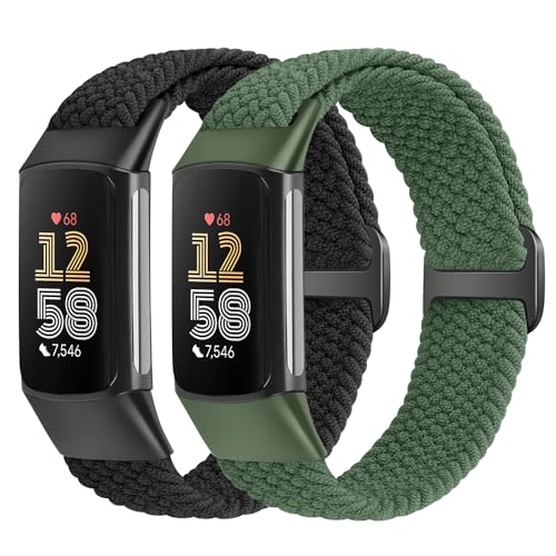 Yunshare Elastische Geflochtene Armband Nur Kompatibel mit Fitbit Charge 6/Fitbit Charge 5 Verstellbare Solo Loop Dehnbares Nylon Gewebe Ersatzarmbänder für Fitbit Charge 6/Charge 5 Damen Herren