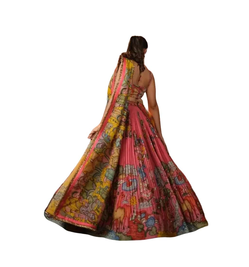 Women's Lehenga Choli Set, Pink and Yellow, Floral Print, Traditional Indian Ethnic Wear
