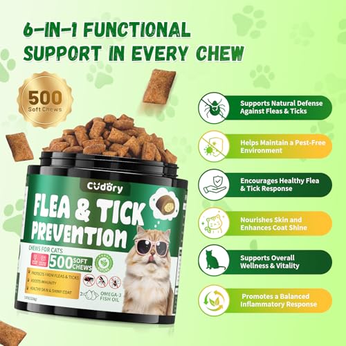 Flea and Tick Prevention for Cats – 500 Crunchy & Creamy Chews, Cat Flea Chewables with Skin & Coat Support – Oral Supplement for All Breeds & Ages – Natural Chicken Flavor - Image 5