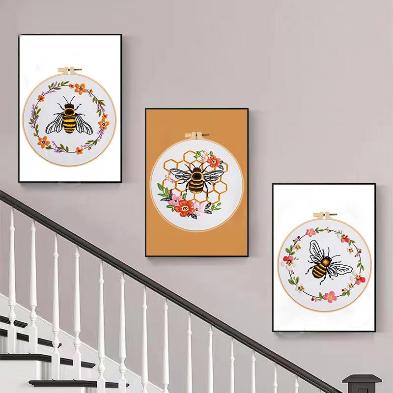 Image of Konrisa Embroidery Kits for Adults Beginner, European Style Bees Collect Honey Stamped Embroidery Starter Kit,DIY Sewing Practice, Needlepoint Cross Stitch Kit,Set of 3