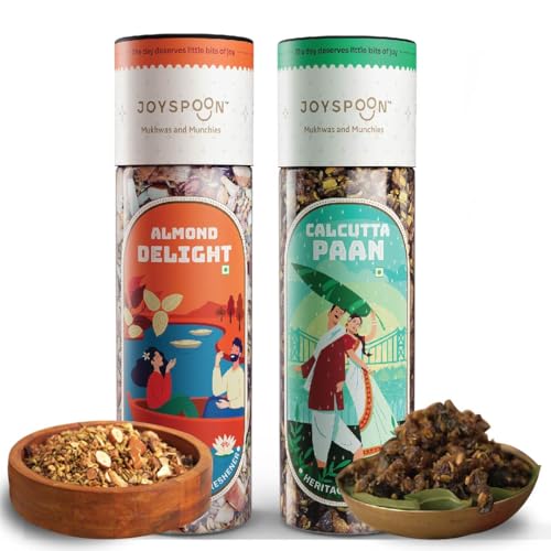 Image of JoySpoon Mukhwas Combo | Almond Delight & Calcutta Paan | Supari Free Traditional Indian Mouth Freshener | After-Meal Digestive Snack | No Artificial Colours or Preservatives | Pack of 2 x 100g