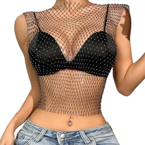 CATOR Brillante Rhinestone Malla Cuerpo Cadena Tops, para Mujeres Brillante Bikini Crop Top para Discoteca Fiesta Festival, para Mujeres y niñas - Negro - S