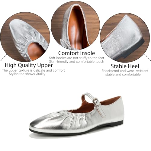 Women's Pleated Leather Ballet Flats with Adjustable Buckle Strap Fashion Comfortable Round Toe Low Heel Mary Jane Shoes for Party Prom Dress Flat Shoes3