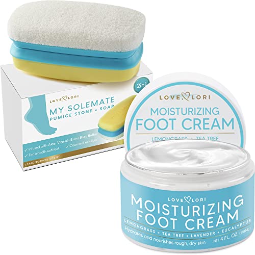 Foot Scrubber Pumice Stone for Feet & Moisturizing Cream by Love Lori - 2-in-1 Feet Scrubber & Foot Cream for Dry Cracked Feet