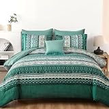 Picture of Cottolester Boho Comforter Set Queen Size,8 Pieces Teal Green Bohemian Striped Bed in a Bag,Paisley Soft Microfiber Bedding Comforter Set