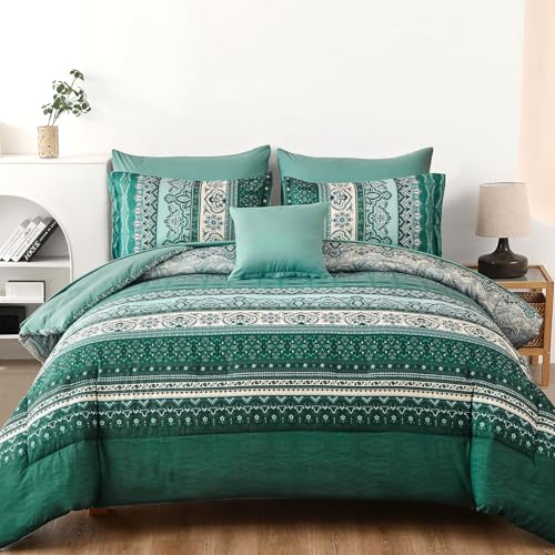 Image of Cottolester Boho Comforter Set Full Size,8 Pieces Teal Green Bohemian Striped Bed in a Bag,Paisley Soft Microfiber Bedding Comforter Set
