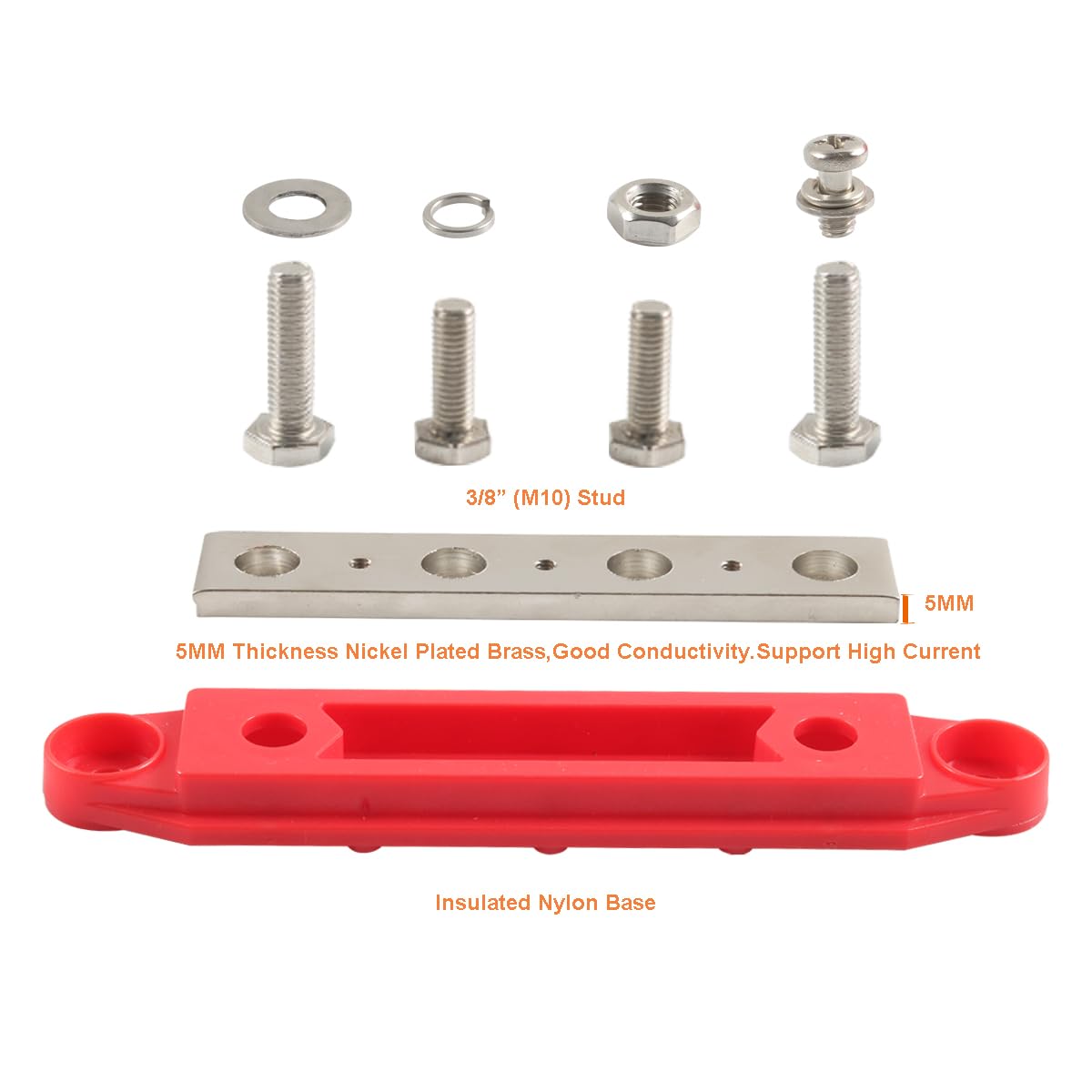 Heavy Duty Busbar - Binario di raccolta M10 300A, per barca, camper, roulotte, auto, pannello in ottone con tubo termoretraibile (rosso + nero)