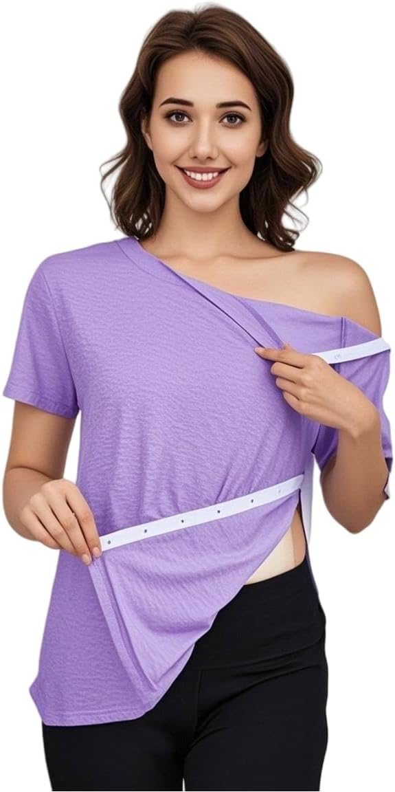 Fififlip Women's Post Shoulder Surgery Tear Away Shirt Short Sleeve Side Snap Chemo Port Postpartum Shirts Adaptive Clothing
