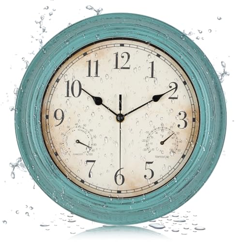 LENAUQ Outdoor Garden Wall Clock Waterproof Vintage Wall Clock with Thermometer And Humidity 12 Inch/30cm Non-Ticking Weatherproof Hanging Clock for Patio Pool Porch Garden Bathroom Turquoise