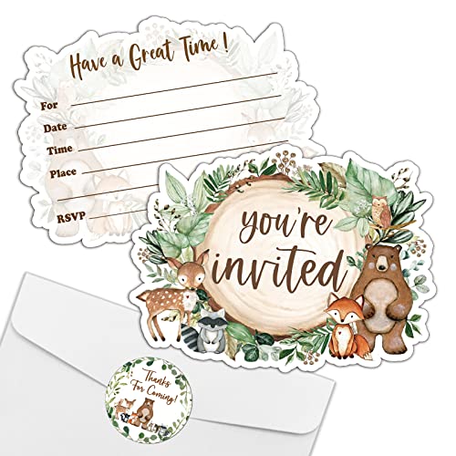 REWIDPARTY Woodland Baby Shower Invitations with Envelopes & Stickers（Set of 15） Forest Animals Shaped Fill-in Invitations Woodland Greenery Cards Birthday Party Invites Baby Shower Supplies Favors