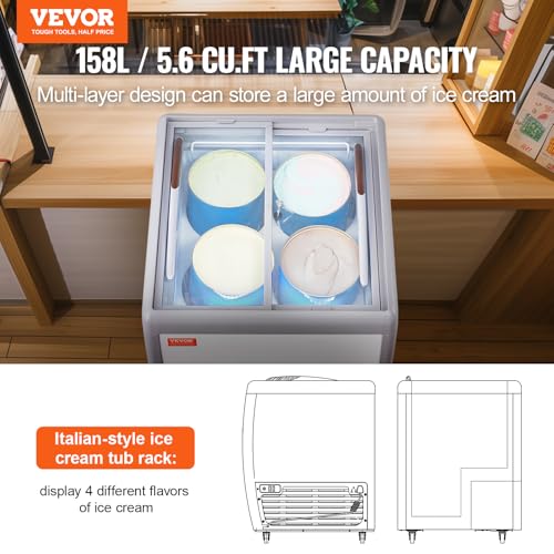 VEVOR RI-160A Commercial Ice Cream Display Case, 5.4 Cu.ft Chest, Mobile Top Deep Freezer, Restaurant Gelato Dipping Cabinet with 2 Wire Baskets, 2 Sliding Glass Doors, Locking Casters, White