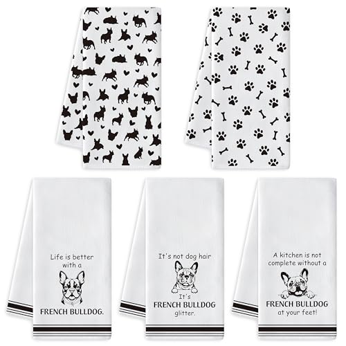 French Bulldog Kitchen Dish Towel - 5Pcs Cute French Bulldog Cleaning Dishcloth Puppy Dog Absorbent Bar Quick Dry Hand Towel Tea Towels for Housewarming Birthday Xmas Gift Bathroom Kitchen Home Decors