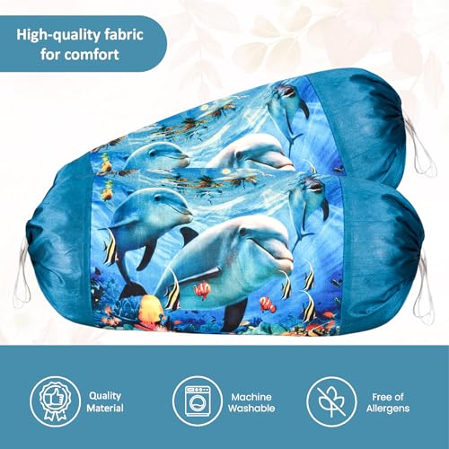 Image of Urbane Home Set of 6 Bolster /Side Pillow Cover | 16 inchx32 inch Cylindrical Masland /Masand Long Pillow Cover For Diwan Pillows | Dolphin- Blue