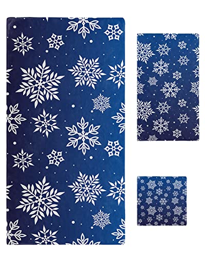 PIEPLE 3PCS Bath Towels Set, Christmas Snowflake Super Soft Absorbent Bath Towel-Hand Towel-Washcloth Luxury Beach Towel for Kitchen Shower Travel Winter Xmas Holiday Blue